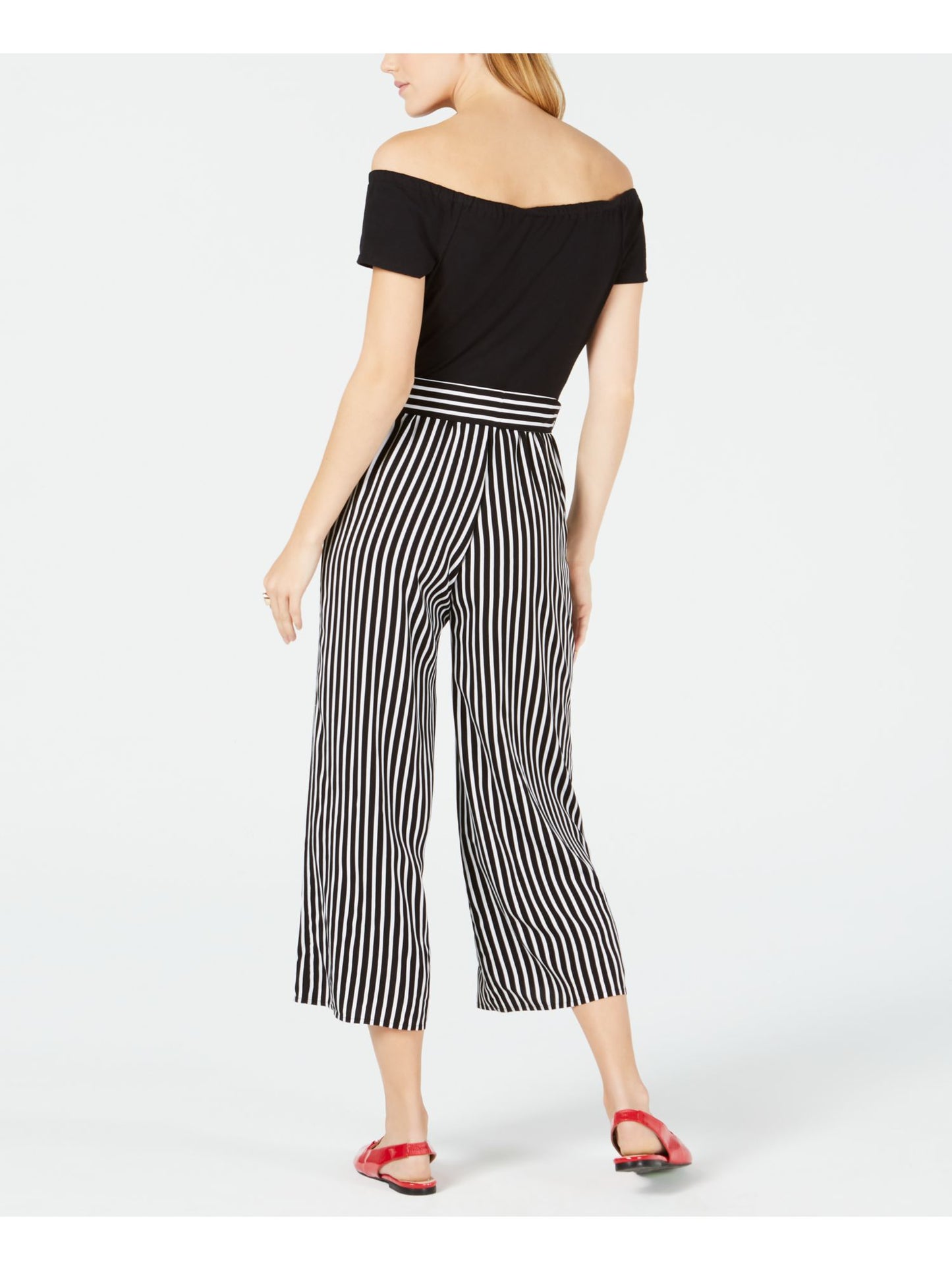 Maison Jules Women's Striped Sleeveless Off Shoulder T-Shirt Wide Leg Jumpsuit Black Size Medium