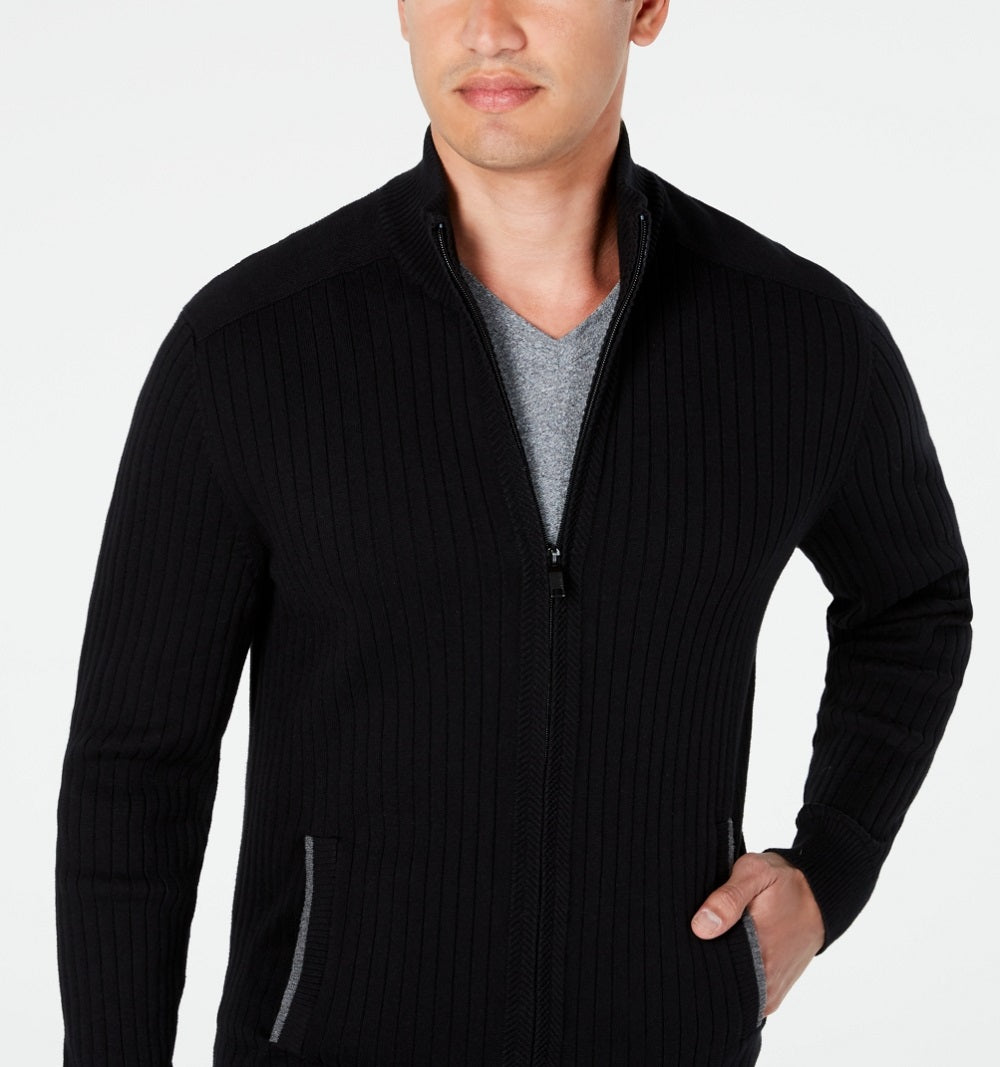 Alfani Men's Ribbed Full Zip Sweater Classic Fit Black Size Medium