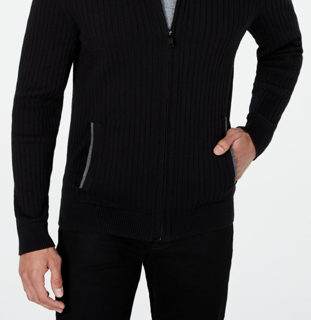 Alfani Men's Ribbed Full Zip Sweater Classic Fit Black Size Medium