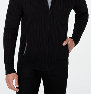 Alfani Men's Ribbed Full Zip Sweater Classic Fit Black Size Medium