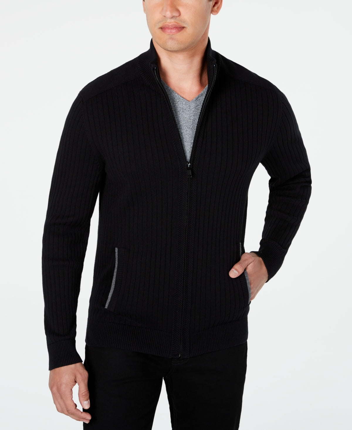 Alfani Men's Ribbed Full Zip Sweater Classic Fit Black Size Medium