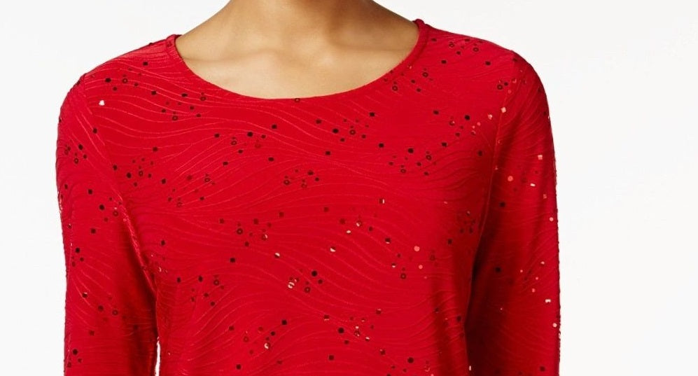 JM Collection Women's Embellished Jacquard Top Red Size Petite Small