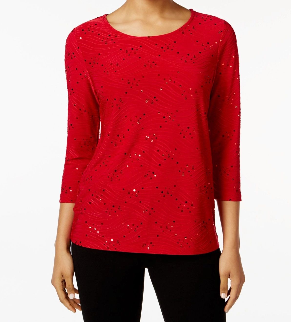 JM Collection Women's Embellished Jacquard Top Red Size Petite Small