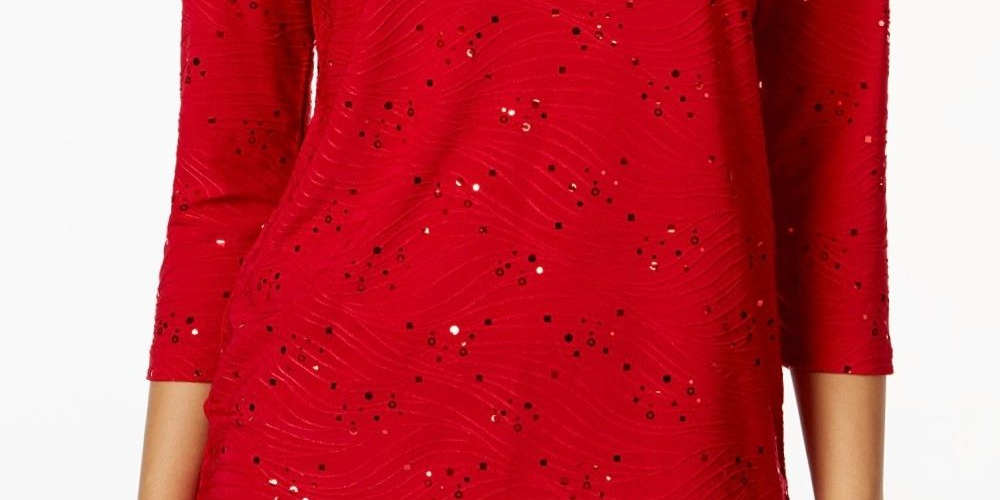 JM Collection Women's Embellished Jacquard Top Red Size Petite Small