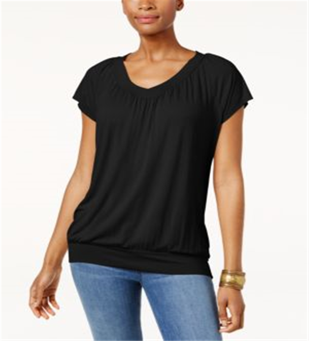 JM Collection Women's Cap Sleeve V Neck Top Black Size Small