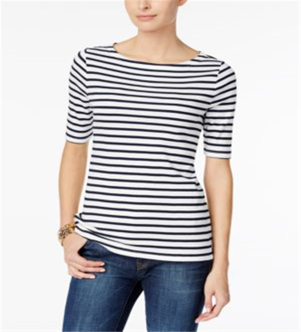 Charter Club Women's Cotton Striped Boat neck Top White/Blue Size Petite S/M