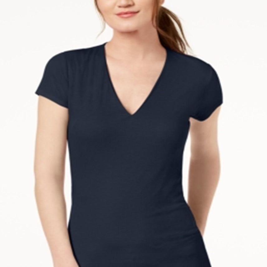 INC International Concepts Women's Short Sleeve Ribbed V Neck Top Blue Size X-Small