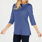 Karen Scott Women's Cotton Boat Neck 3/4 Sleeve Knit Top Blue Size X-Small
