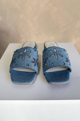 Oasis Society - Women's Manila Denim Eyelet Flower Heel Sandals