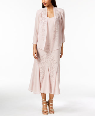 R & M Richards Women's Sleeveless Beaded V Neck Dress And Jacket Pink Size 14