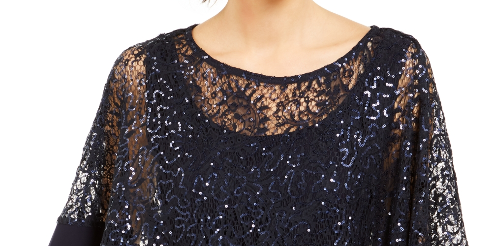 R & M Richards Women's Sequinned-Overlay Top Blue Size Large