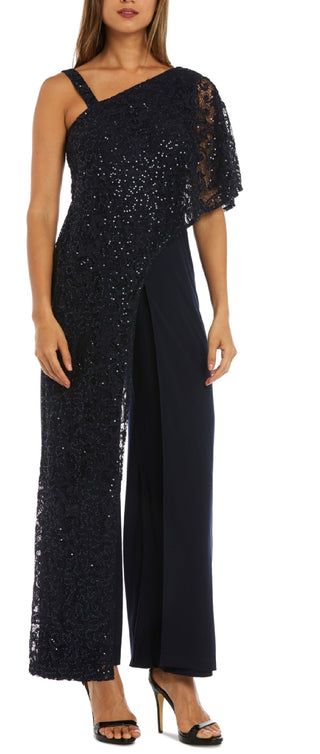 R & M Richards Women's One Shoulder Lace Jumpsuit Blue Size 6