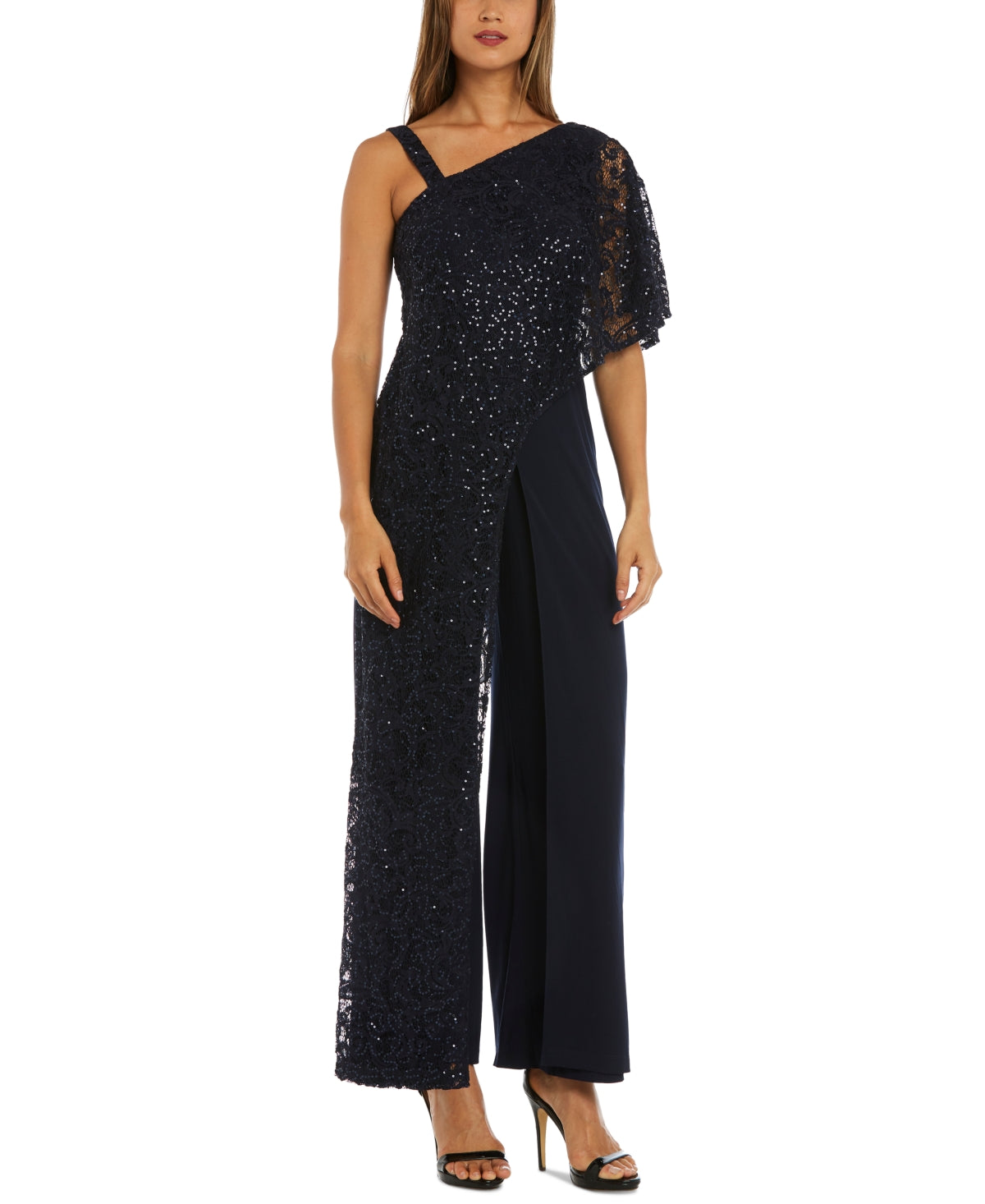 R & M Richards Women's One Shoulder Lace Jumpsuit Blue Size 6