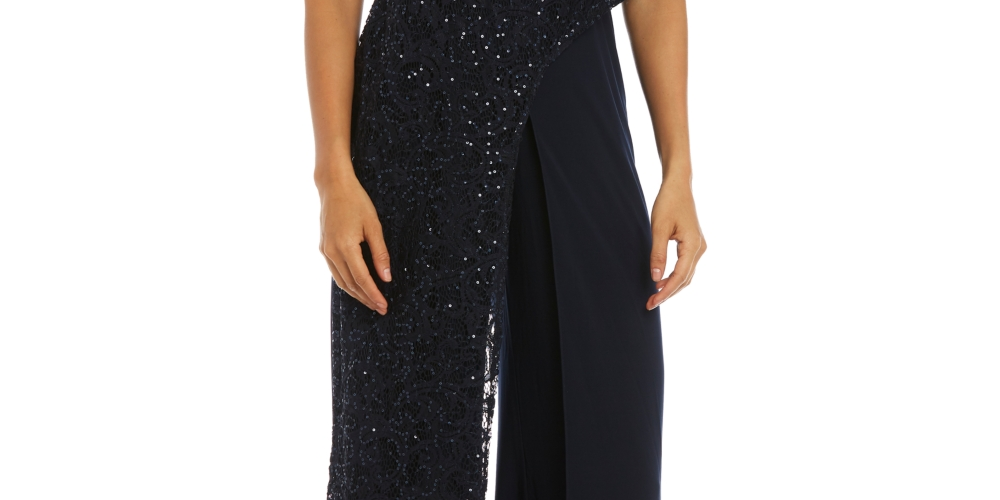 R & M Richards Women's One Shoulder Lace Jumpsuit Blue Size 6