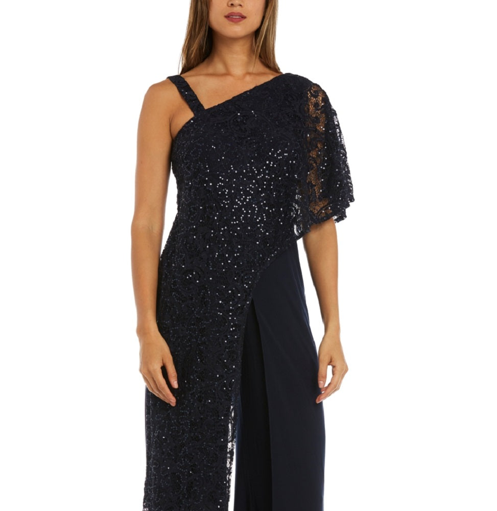 R & M Richards Women's One Shoulder Lace Jumpsuit Blue Size 16