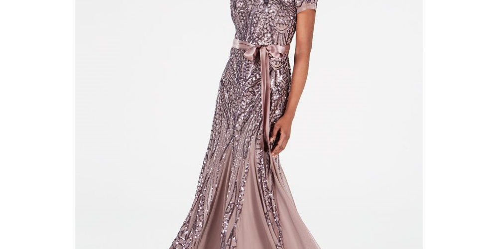 R & M Richards Women's Sequin Embellished Pleated Gown Brown Size 8