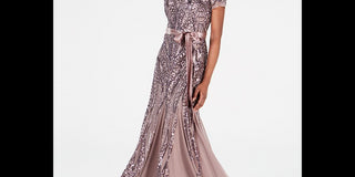 R & M Richards Women's Sequin Embellished Pleated Gown Brown Size 8