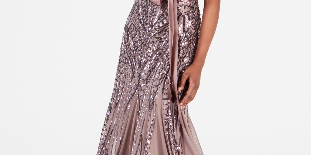 R & M Richards Women's Sequin Embellished Pleated Gown Brown Size 8