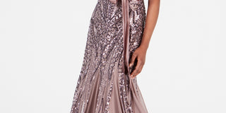 R & M Richards Women's Sequin Embellished Pleated Gown Brown Size 8