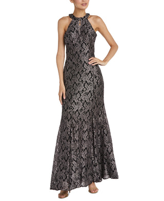 Nightway Women's Glitter Lace Keyhole Gown Black Size 12