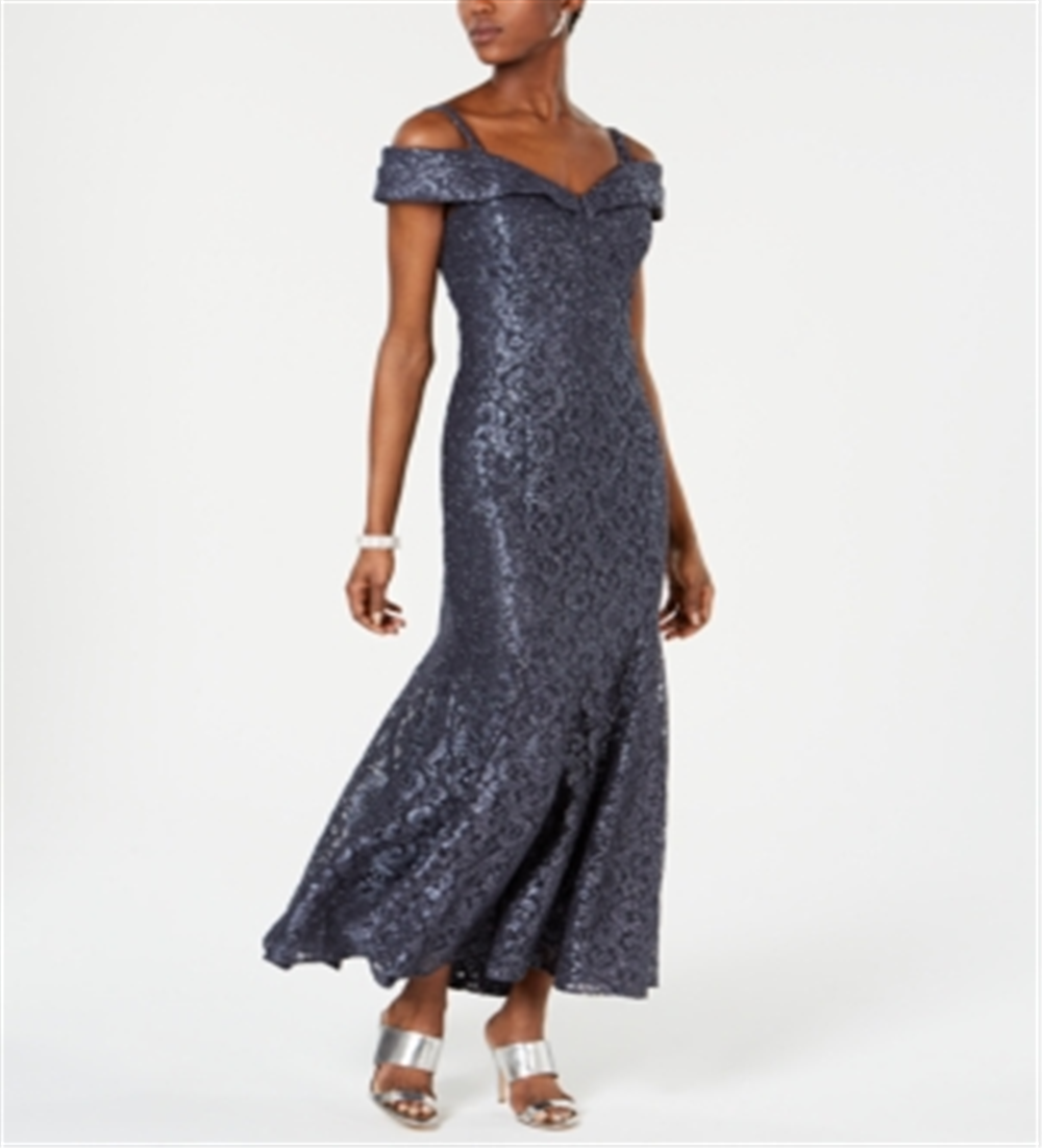 R & M Richards Women's Off the Shoulder Lace Gown Silver Size 12