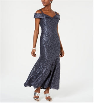 R & M Richards Women's Off the Shoulder Lace Gown Silver Size 12