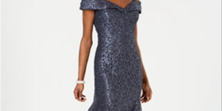 R & M Richards Women's Off the Shoulder Lace Gown Silver Size 12