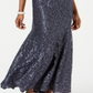 R & M Richards Women's Off the Shoulder Lace Gown Silver Size 12