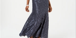 R & M Richards Women's Off the Shoulder Lace Gown Silver Size 12