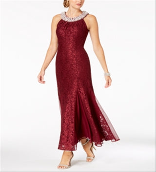 R & M Richards Women's Embellished Lace Gown Wine Size 16