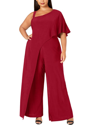 R M Richards Women's Bell Sleeve Asymmetrical Neckline Evening Wide Leg Jumpsuit Red Size 20W