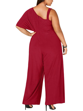 R M Richards Women's Bell Sleeve Asymmetrical Neckline Evening Wide Leg Jumpsuit Red Size 20W