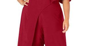 R M Richards Women's Bell Sleeve Asymmetrical Neckline Evening Wide Leg Jumpsuit Red Size 20W