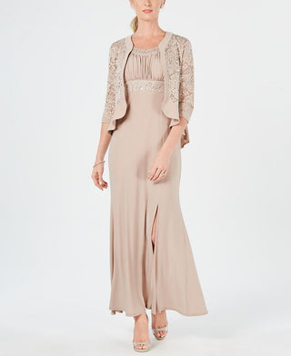 R & M Richards Women's Sequined Lace Empire Waist Gown & Jacket Brown Size 12