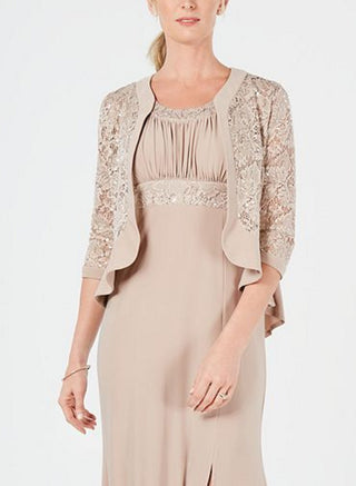 R & M Richards Women's Sequined Lace Empire Waist Gown & Jacket Brown Size 12
