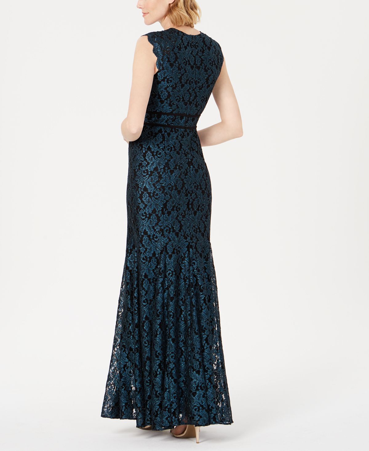 Nightway Women's Lace Glitter Zippered Cap Sleeve Jewel Neck Full Length Mermaid Formal Dress Blue Size 10