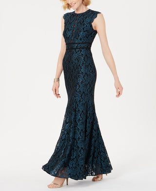 Nightway Women's Lace Glitter Zippered Cap Sleeve Jewel Neck Full Length Mermaid Formal Dress Blue Size 10