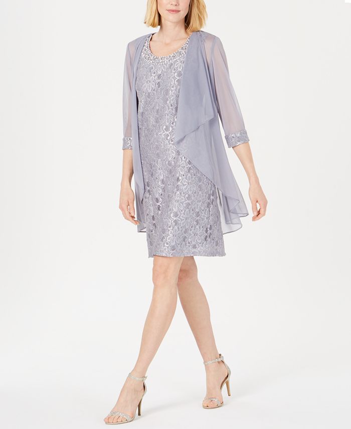R & M Richards Women's Embellished Lace Sheath Dress & Jacket Gray Size 14