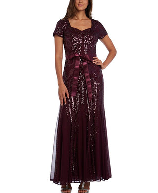 R & M Richards Women's Sequined Ribbon Belt Gown Purple Size 14