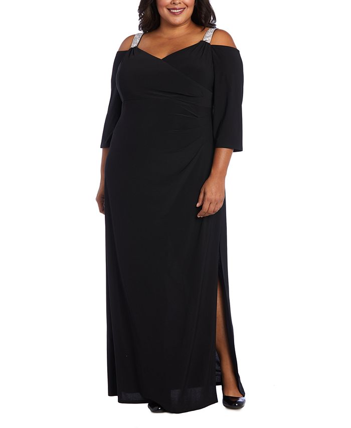 R & M Richards Women's Embellished Cold Shoulder Gown Gray Size 22W