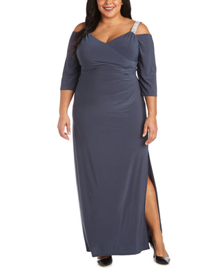 R & M Richards Women's Embellished Cold Shoulder Gown Gray Size 22W
