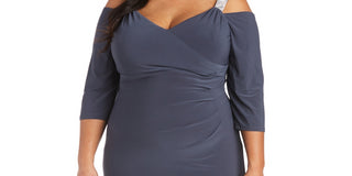 R & M Richards Women's Embellished Cold Shoulder Gown Gray Size 22W