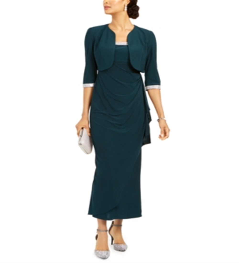 R & M Richards Women's Cropped Jacket & Ruffled Gown Green Size 8