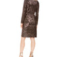 Nightway Women's Sequined Long Sleeve V Neck Knee Length Tulip Cocktail Dress Brown Size 14