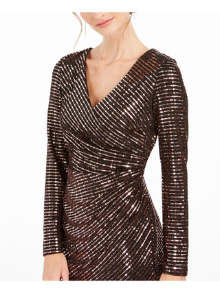 Nightway Women's Sequined Long Sleeve V Neck Knee Length Tulip Cocktail Dress Brown Size 14