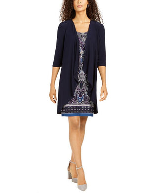 R & M Richards Women's Printed Necklace Dress & Draped Jacket Blue Size 10 Petite