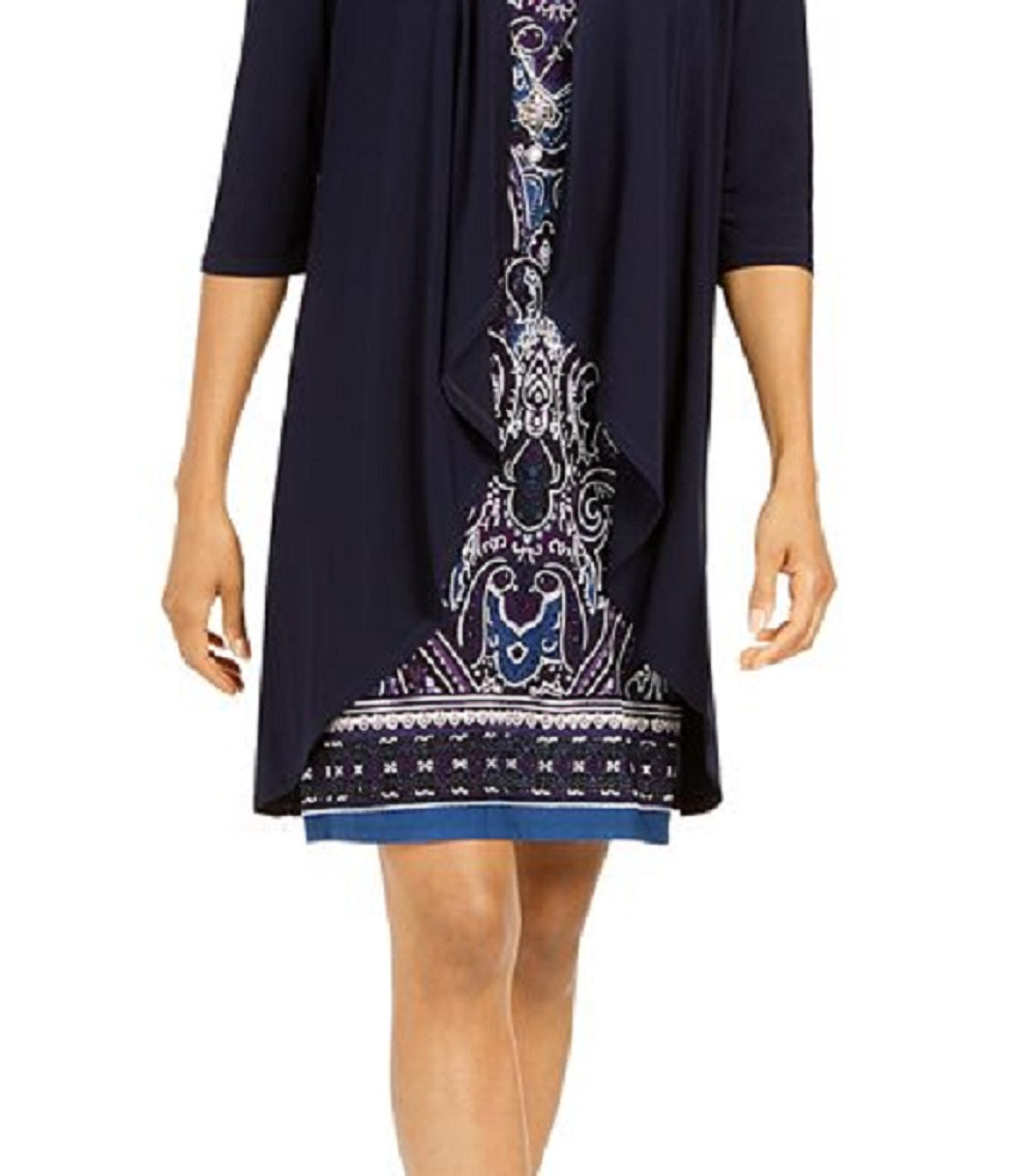 R & M Richards Women's Printed Necklace Dress & Draped Jacket Blue Size 10 Petite
