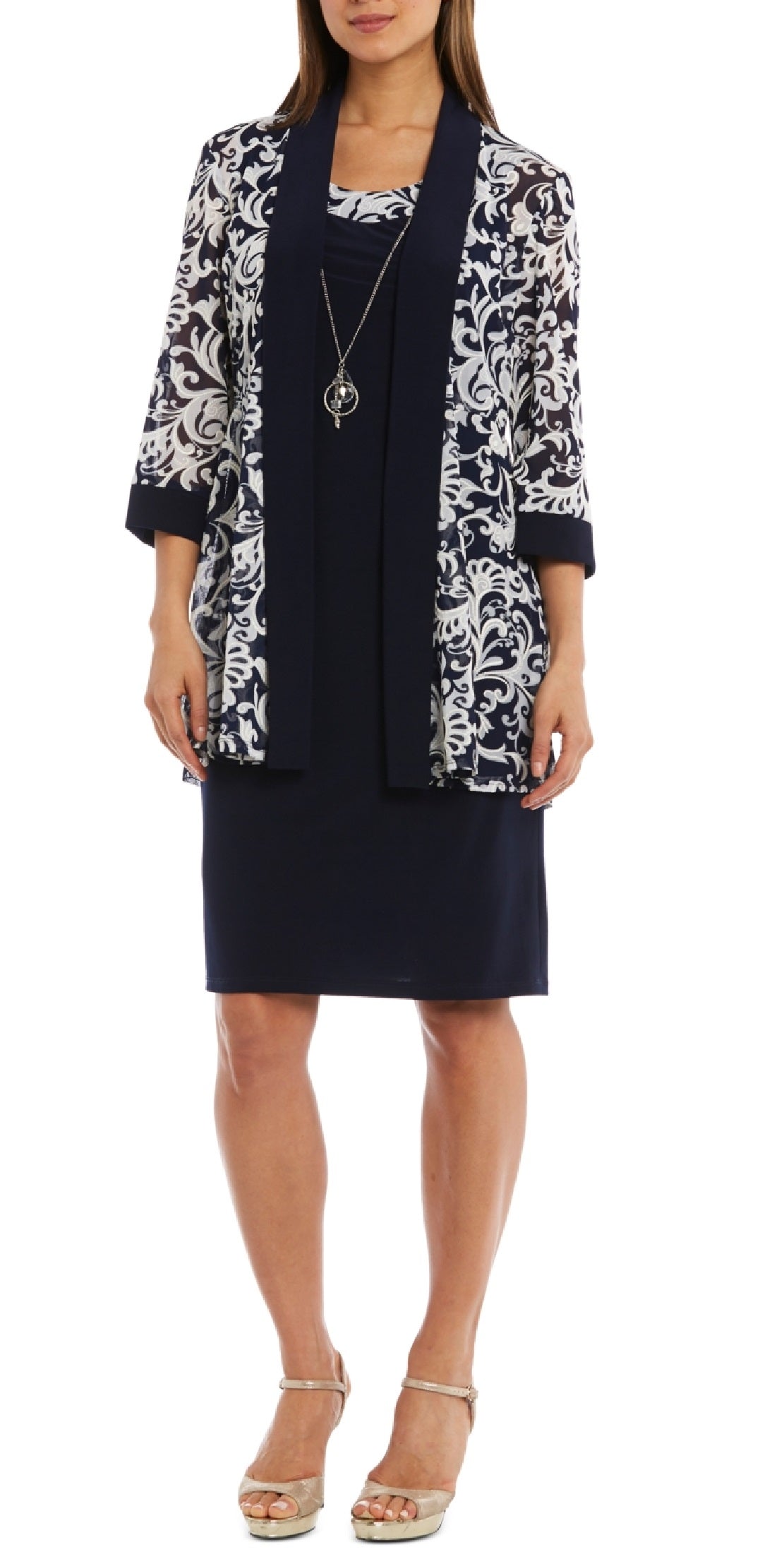 R & M Richards Women's Sheath Dress & Printed Jacket Blue Size 4PPetite