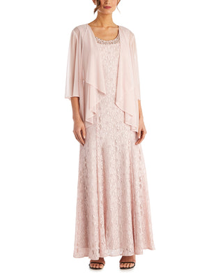 R & M Richards Women's Beaded Dress & Flyaway Jacket Pink Size 14