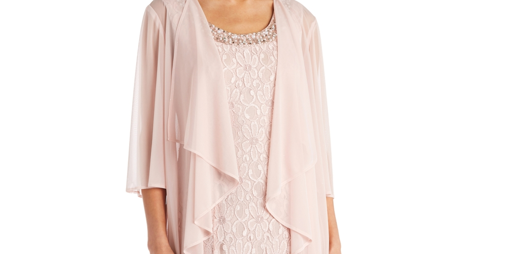 R & M Richards Women's Beaded Dress & Flyaway Jacket Pink Size 14